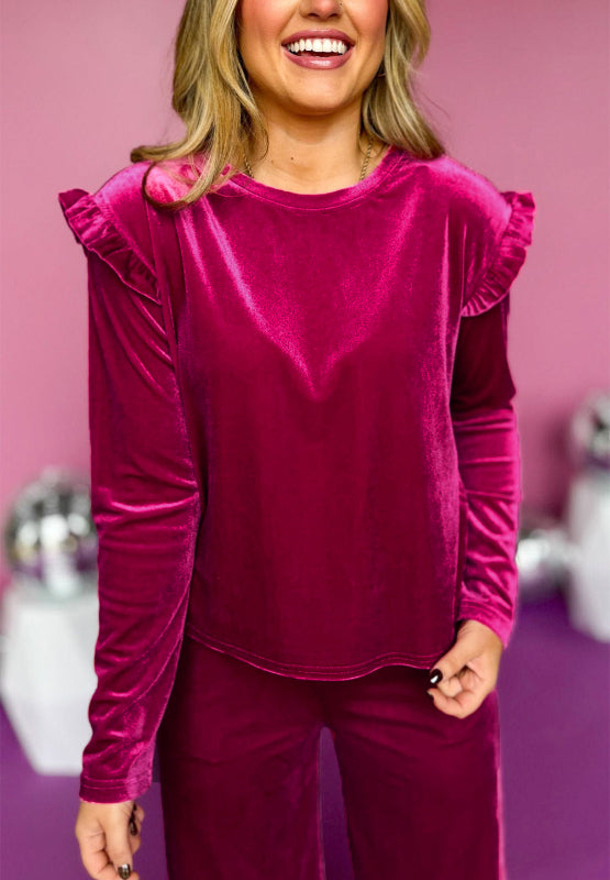 Conjunto de pantalón y top de manga larga con cuello redondo y volantes