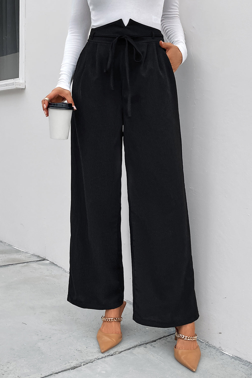 Perfee High Waist Ruched Tie Front Wide Leg Pants