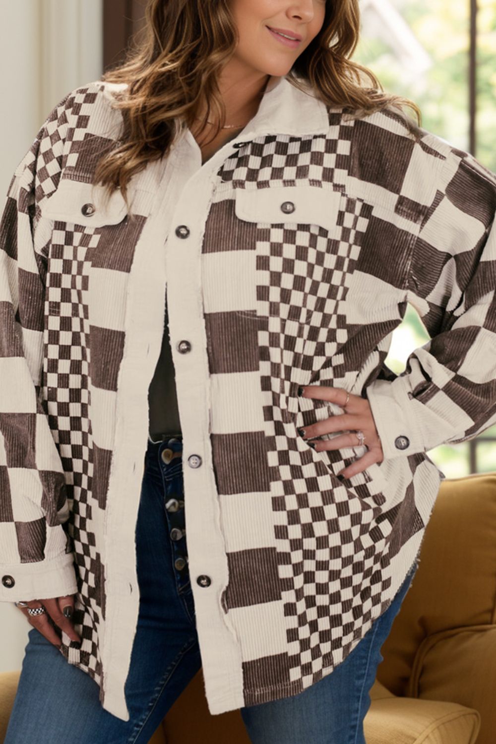 Chaqueta de manga larga con botones y cuadros de talla grande