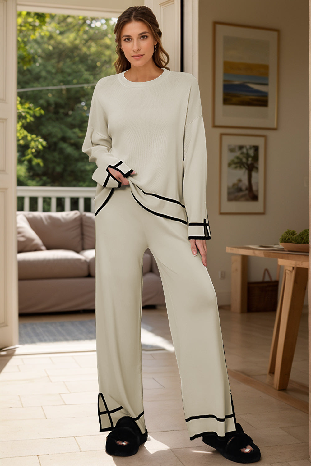 Conjunto de suéter y pantalón con cuello redondo alto y bajo