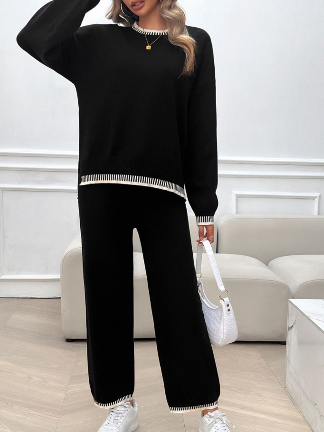 Conjunto de suéter y pantalón con hombros caídos y cuello redondo Devine