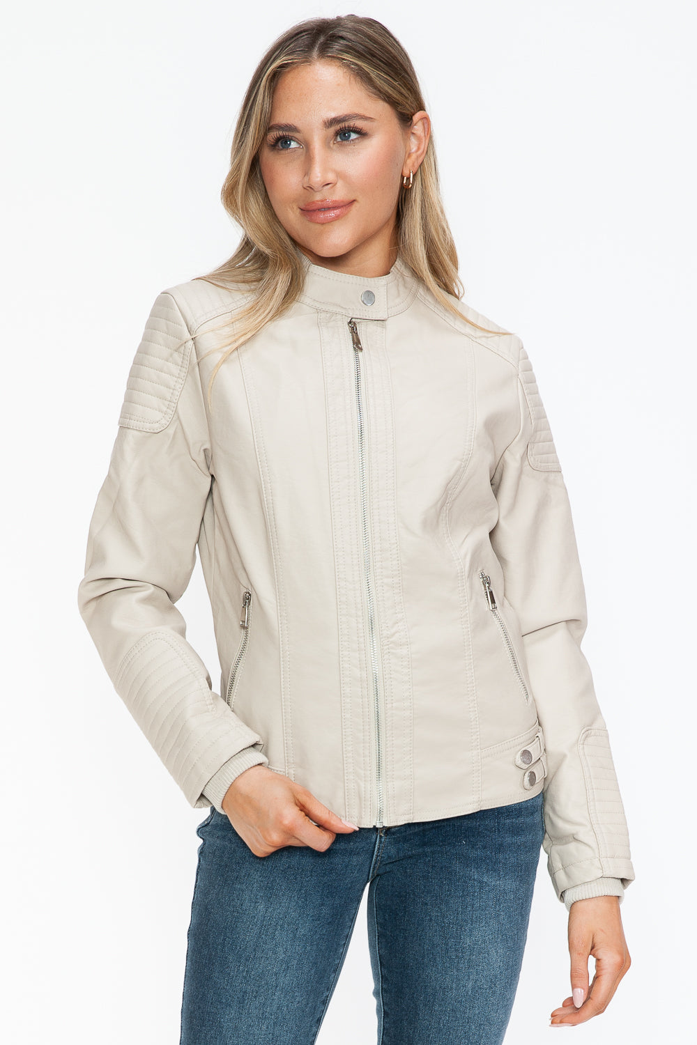 Chaqueta de motociclista de piel sintética estilo snob con bolsillos laterales con cremallera