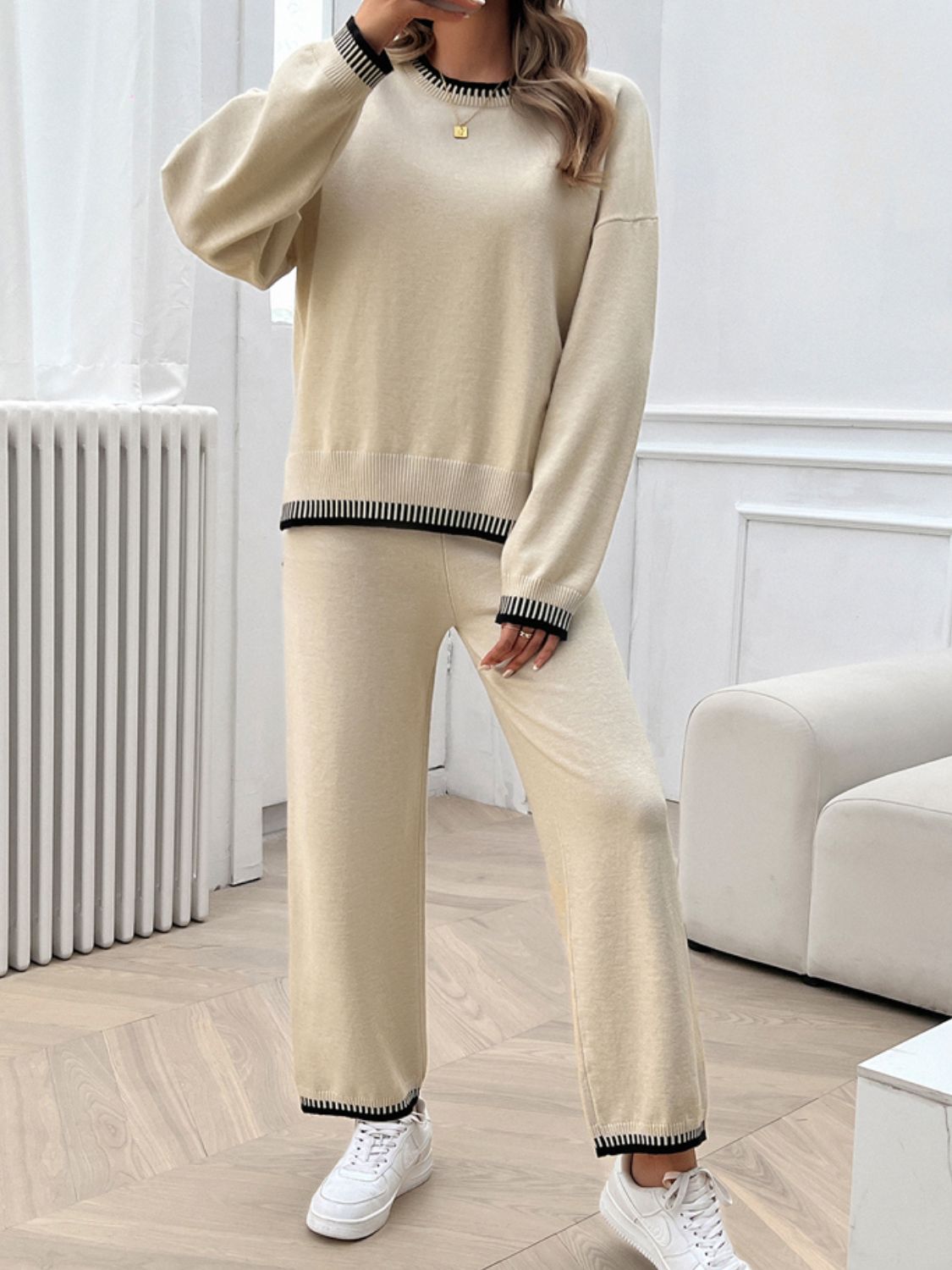 Conjunto de suéter y pantalón con hombros caídos y cuello redondo Devine