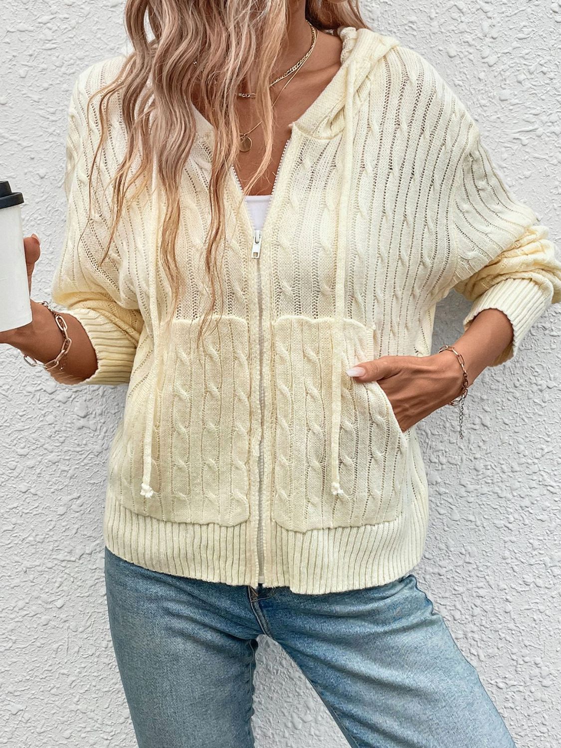 Cárdigan con capucha y manga larga con cremallera Perfee