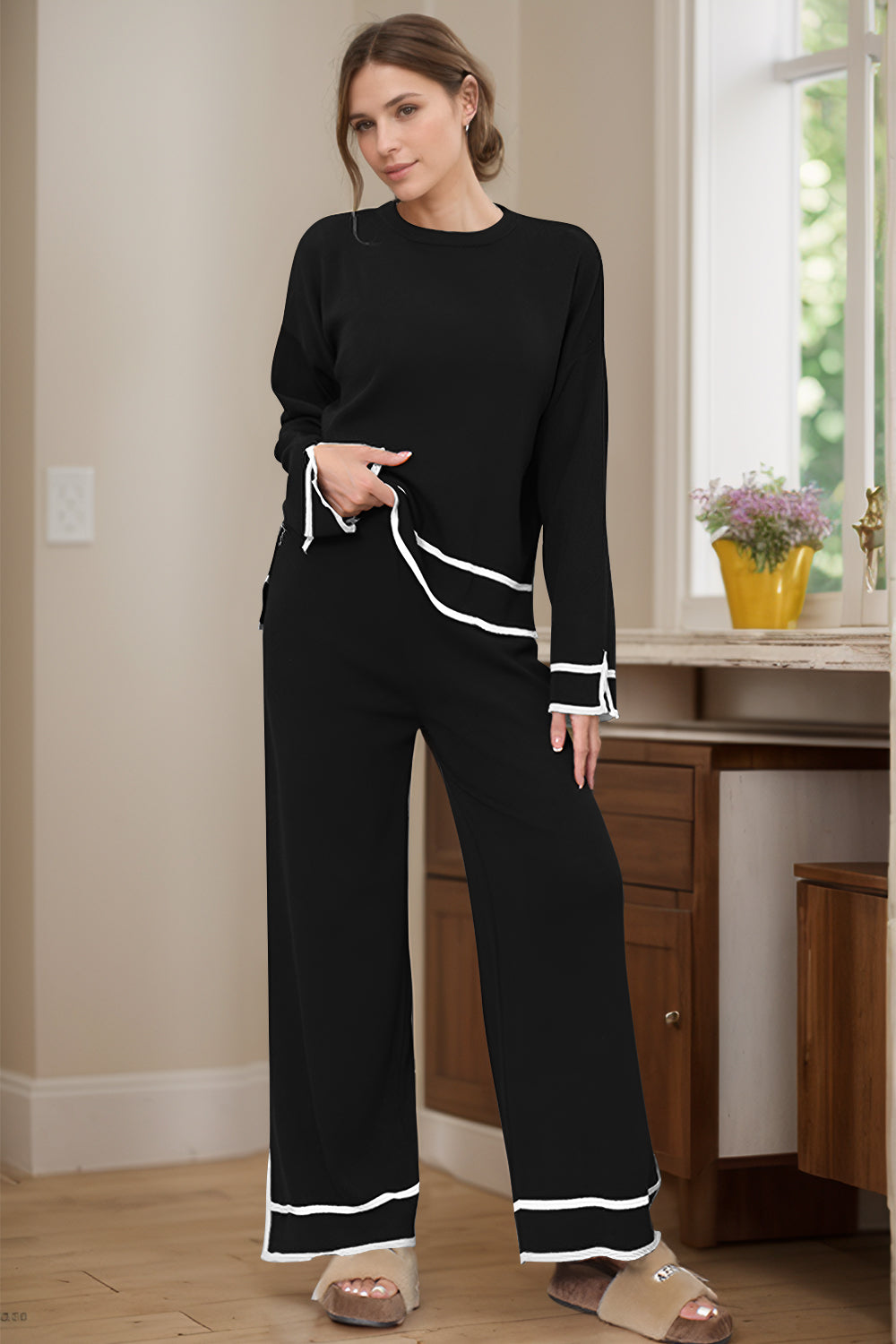 Conjunto de suéter y pantalón con cuello redondo alto y bajo
