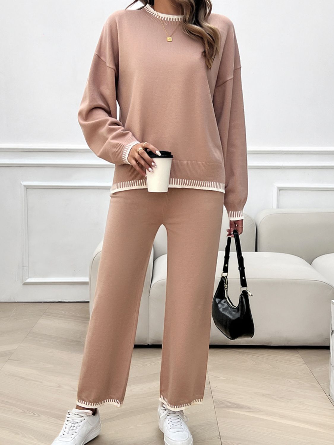 Conjunto de suéter y pantalón con hombros caídos y cuello redondo Devine