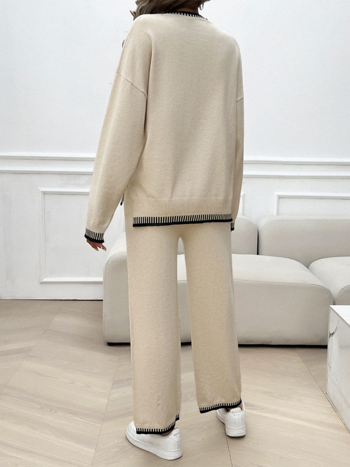 Conjunto de suéter y pantalón con hombros caídos y cuello redondo Devine
