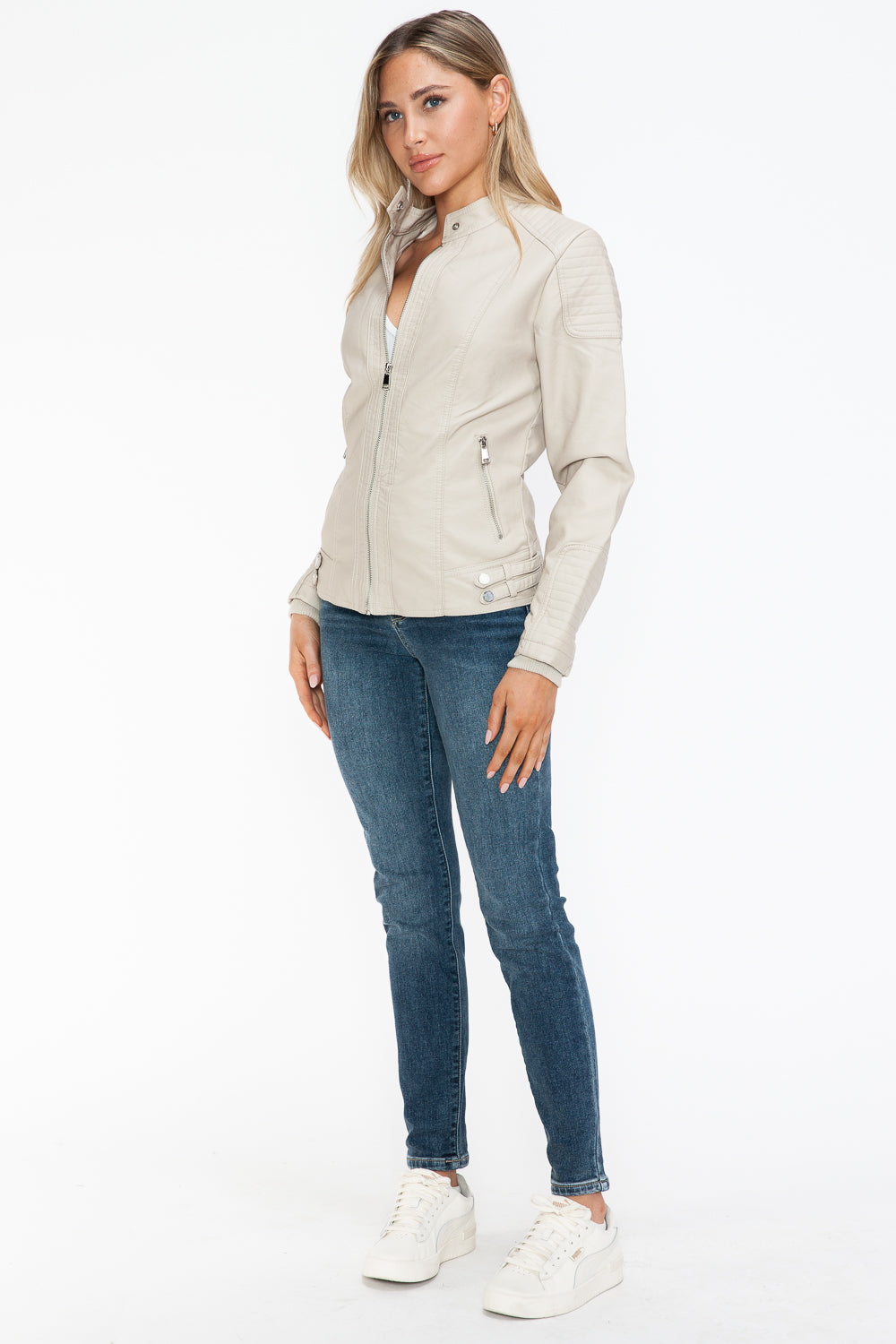 Chaqueta de motociclista de piel sintética estilo snob con bolsillos laterales con cremallera