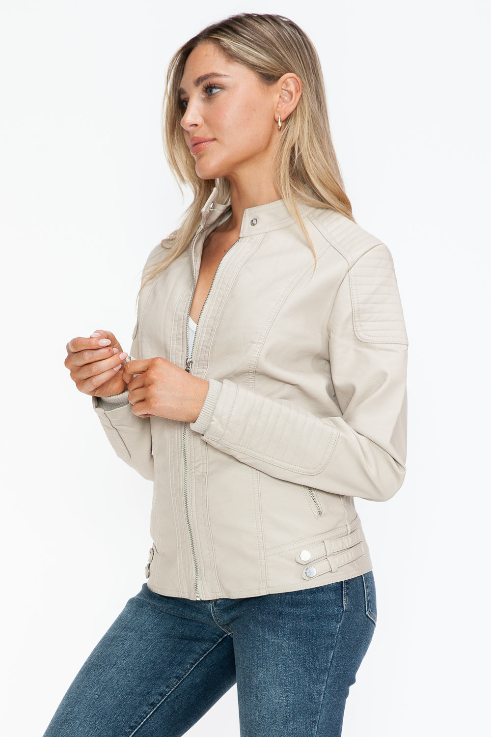 Chaqueta de motociclista de piel sintética estilo snob con bolsillos laterales con cremallera