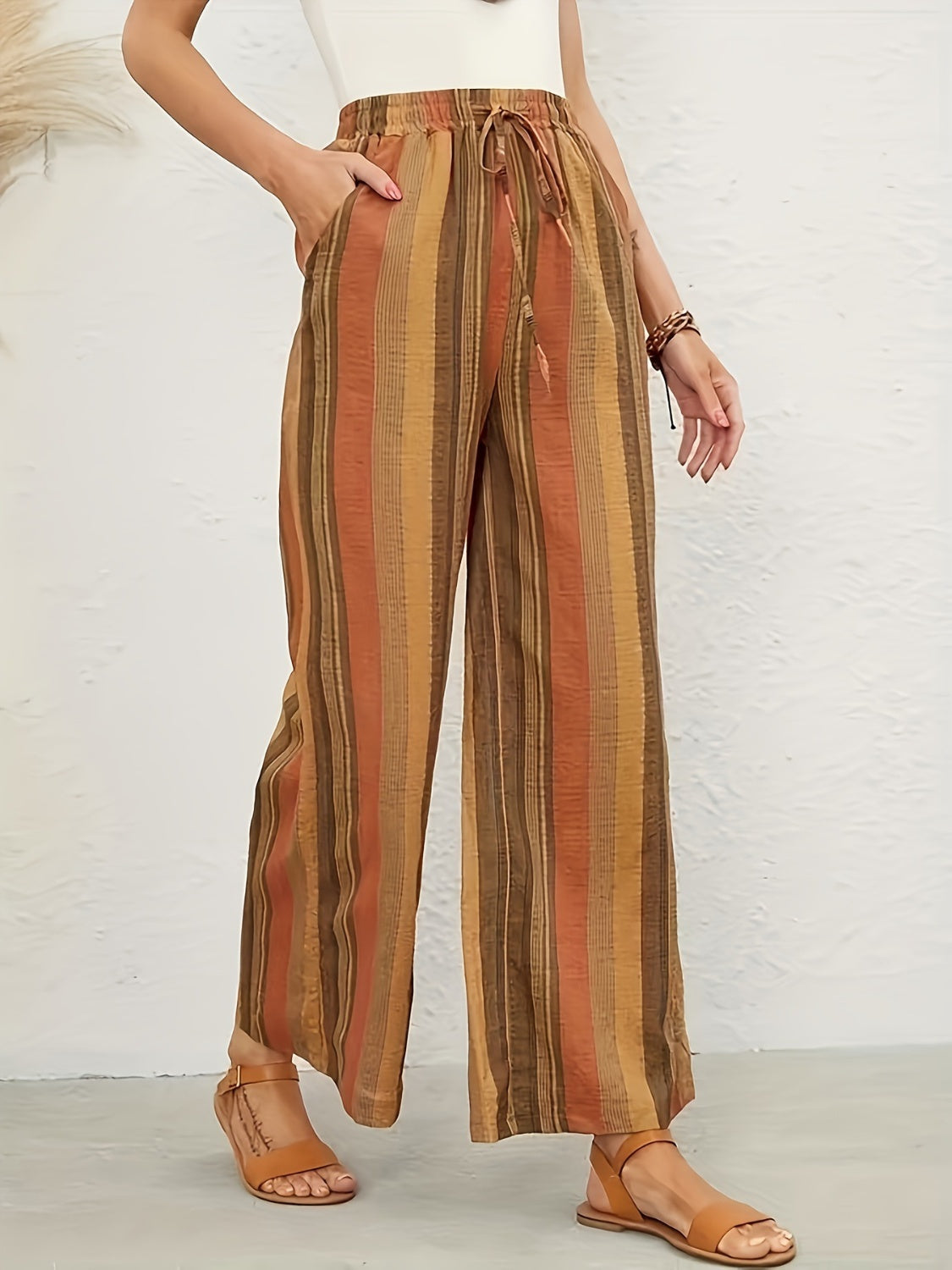 Pantalones anchos de rayas con cordón de tamaño completo