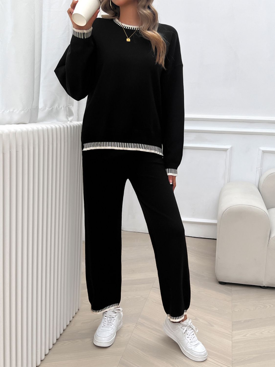 Conjunto de suéter y pantalón con hombros caídos y cuello redondo Devine