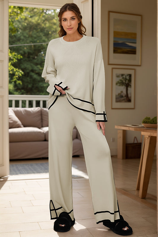 Conjunto de suéter y pantalón con cuello redondo alto y bajo