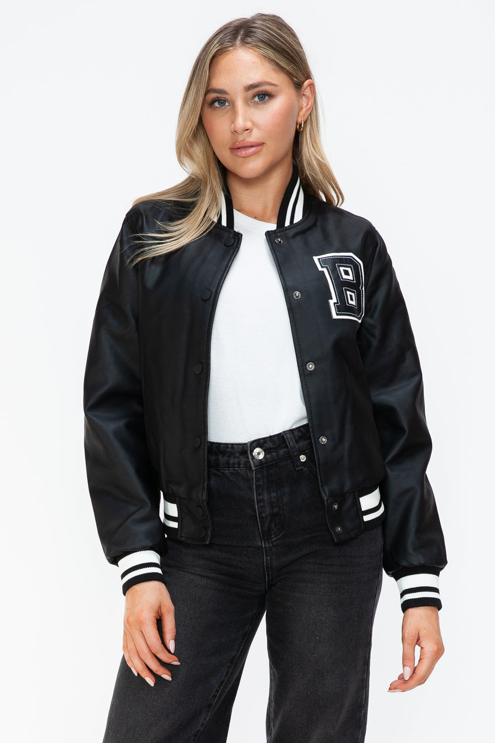 Chaqueta bomber con botones a presión en contraste de cuero sintético Love Me Now