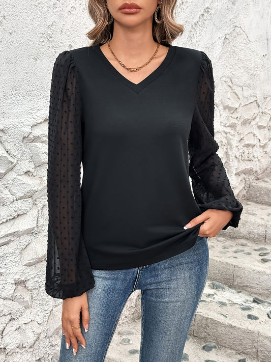 Blusa de manga larga con lunares suizos, escote en V y talla grande