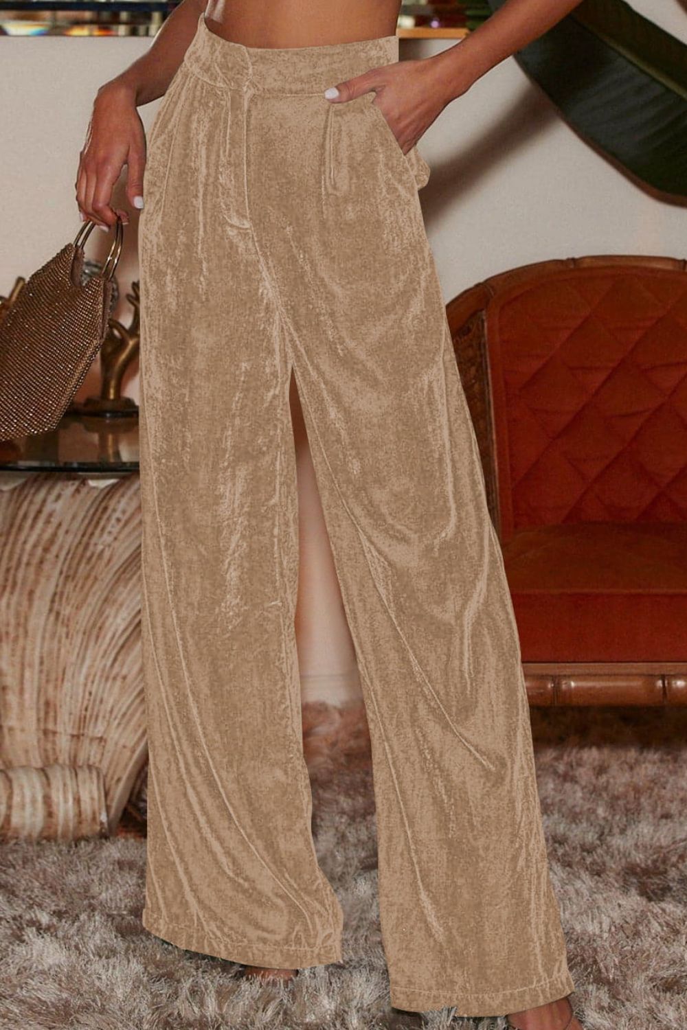 Pantalones largos holgados de cintura alta con bolsillos