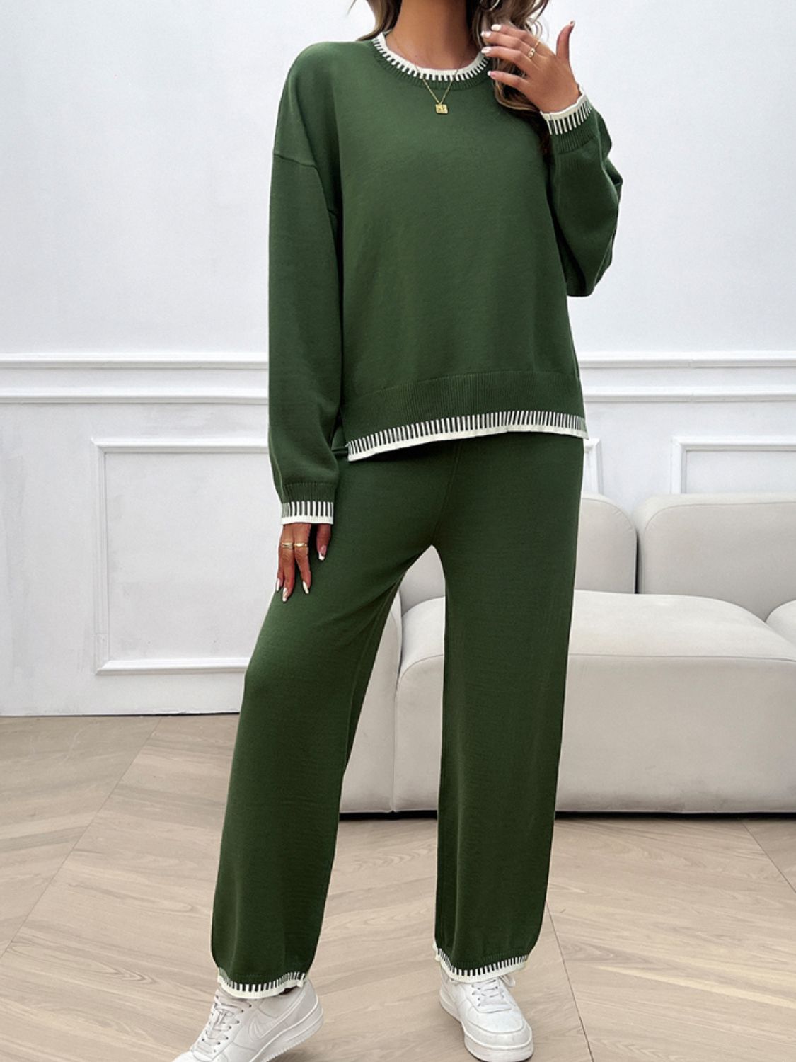 Conjunto de suéter y pantalón con hombros caídos y cuello redondo Devine