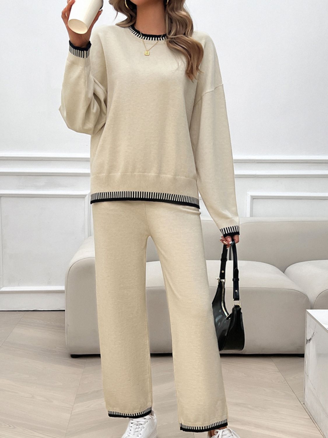 Conjunto de suéter y pantalón con hombros caídos y cuello redondo Devine