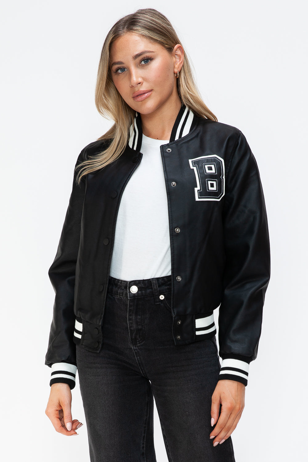 Chaqueta bomber con botones a presión en contraste de cuero sintético Love Me Now