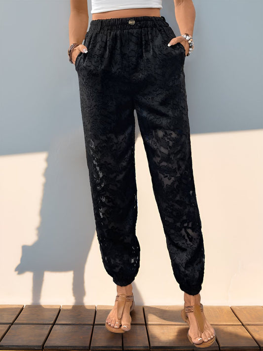 Pantalones de cintura elástica con encaje y bolsillos Perfee