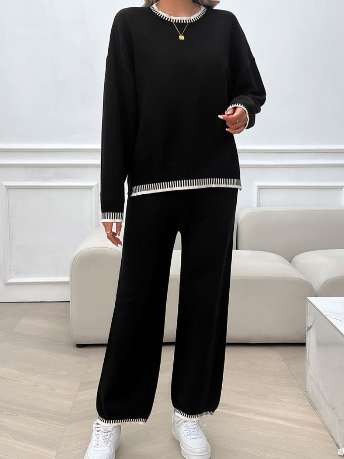 Conjunto de suéter y pantalón con hombros caídos y cuello redondo Devine