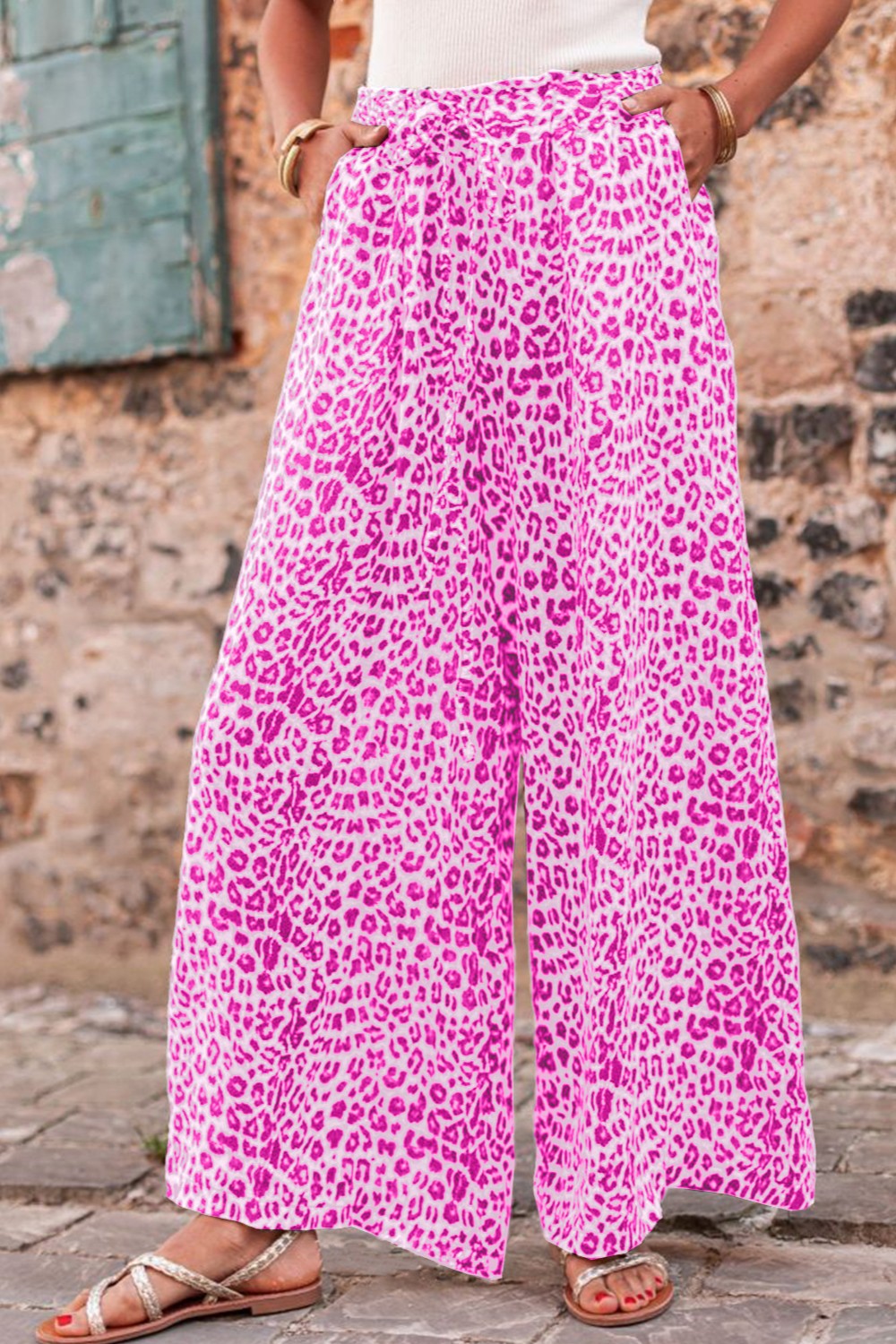Pantalones anchos con cordón y estampado de leopardo