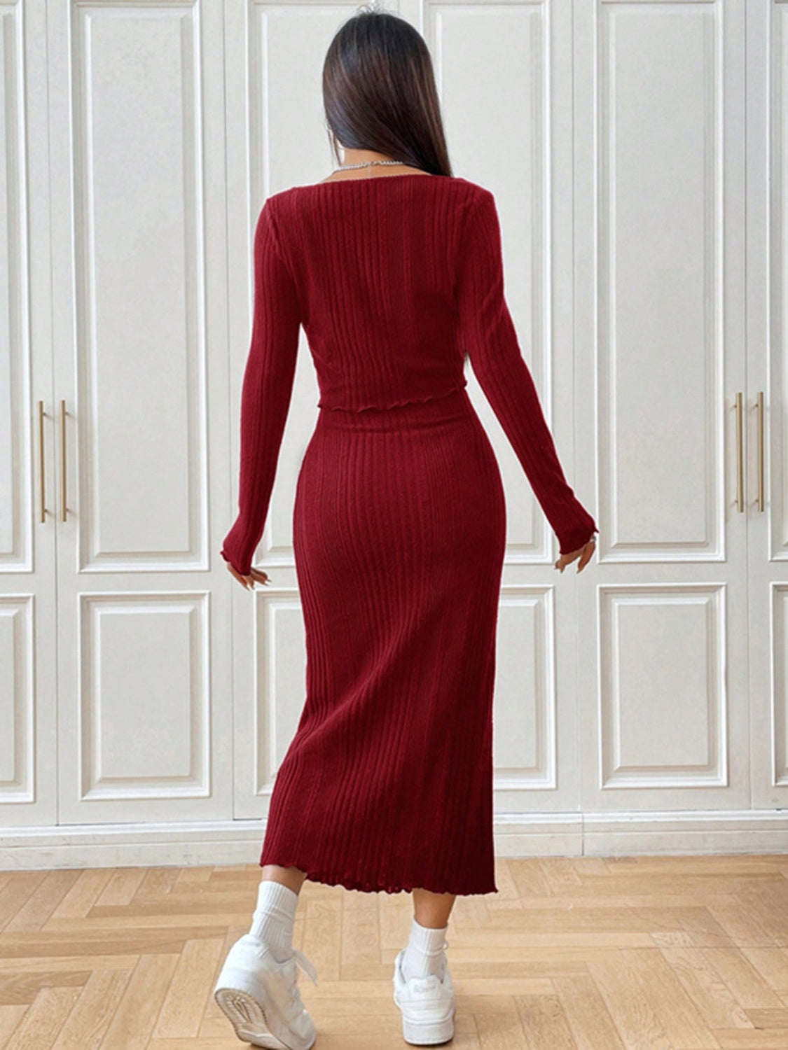 Conjunto de vestido camisero y cárdigan de manga larga anudado