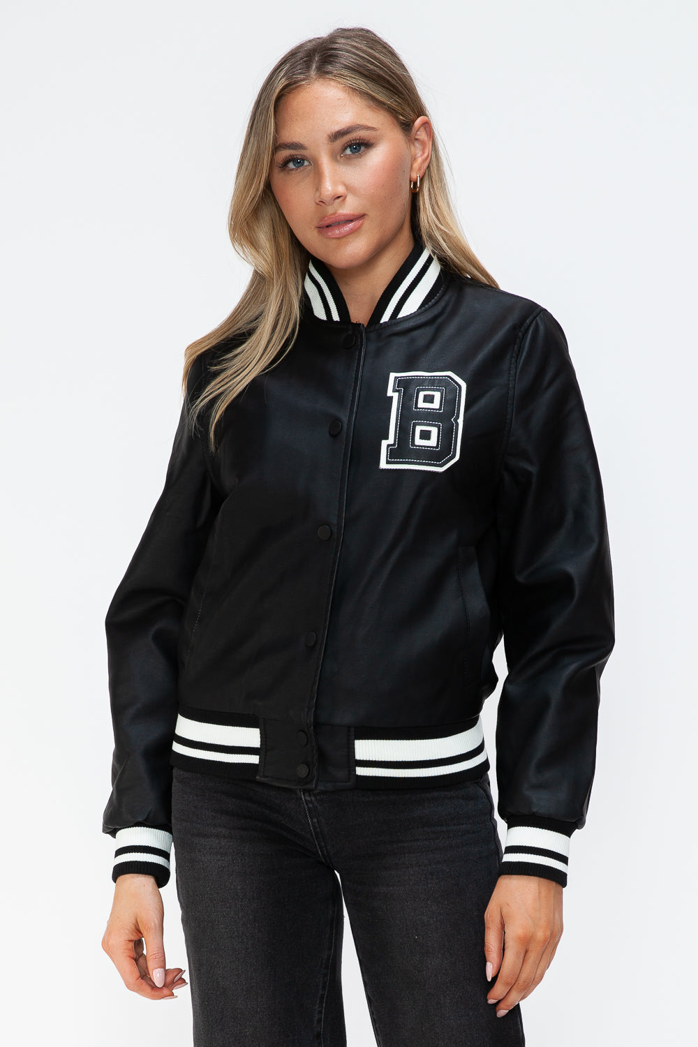 Chaqueta bomber con botones a presión en contraste de cuero sintético Love Me Now
