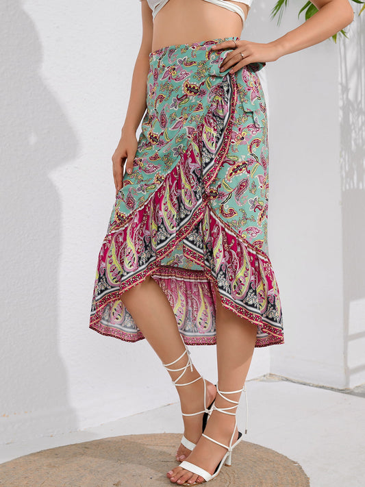 Falda midi con bajo con volante y cinturilla anudada