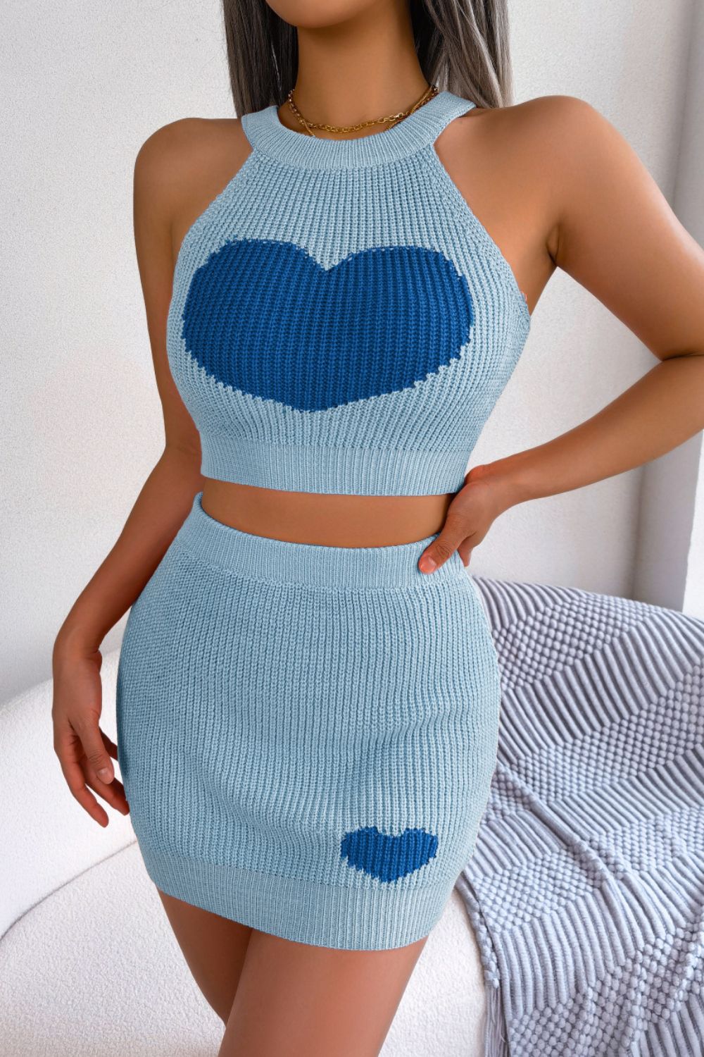 Conjunto de falda y top de punto sin mangas con canalé en contraste de corazón