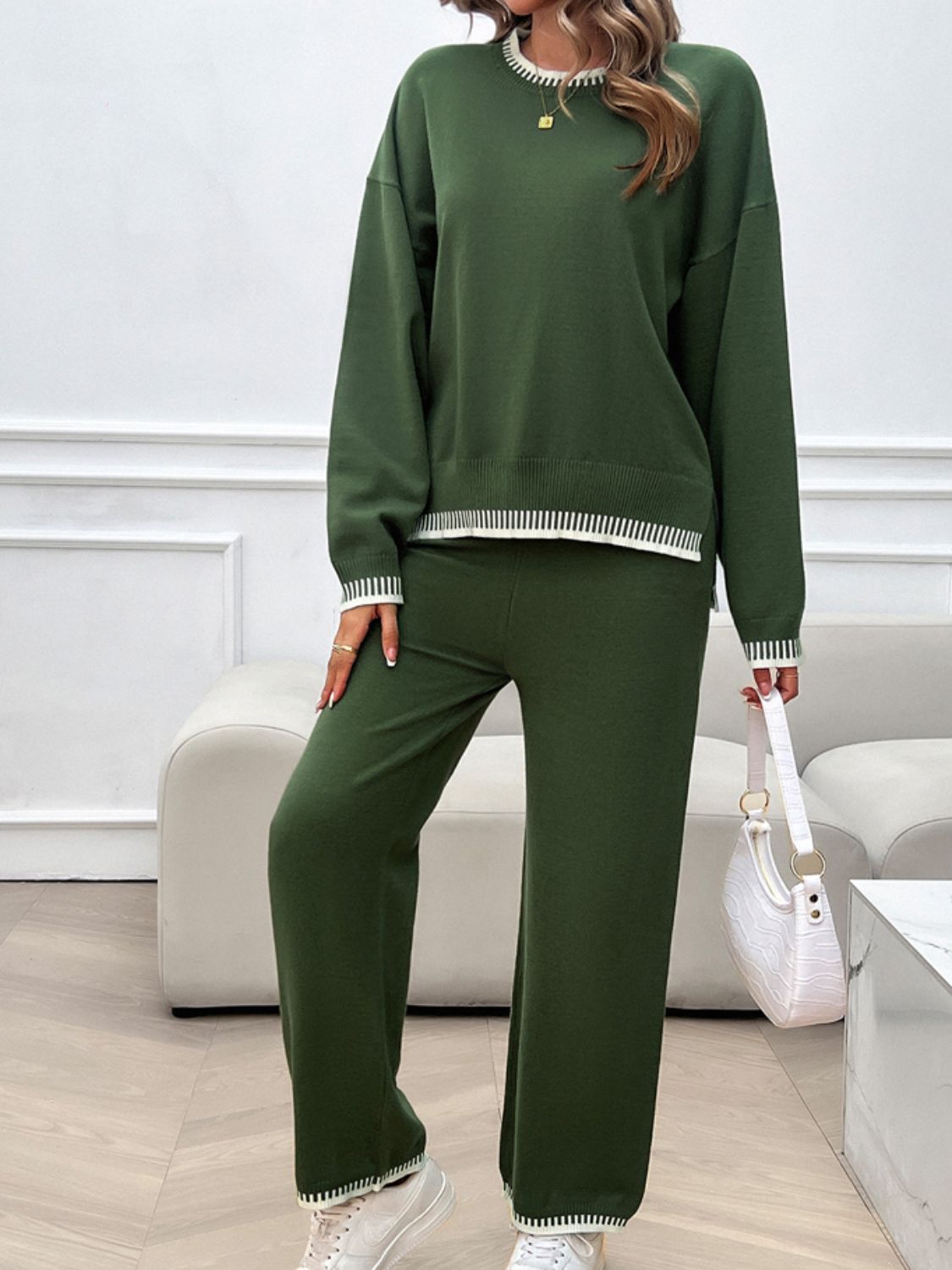 Conjunto de suéter y pantalón con hombros caídos y cuello redondo Devine