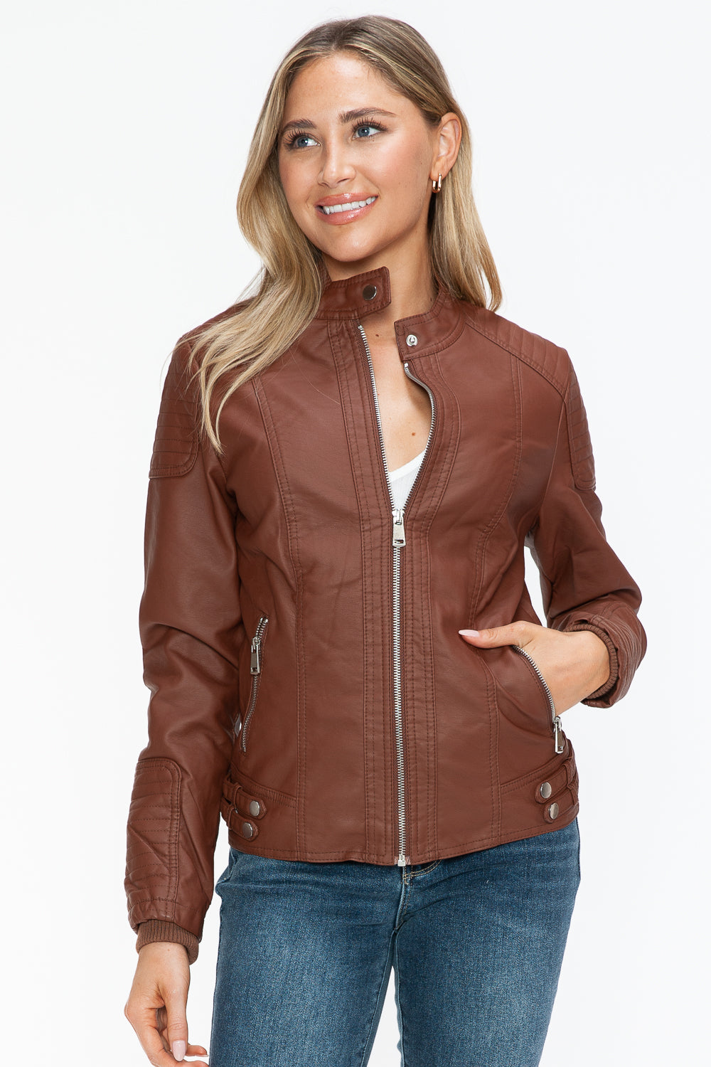 Chaqueta de motociclista de piel sintética estilo snob con bolsillos laterales con cremallera
