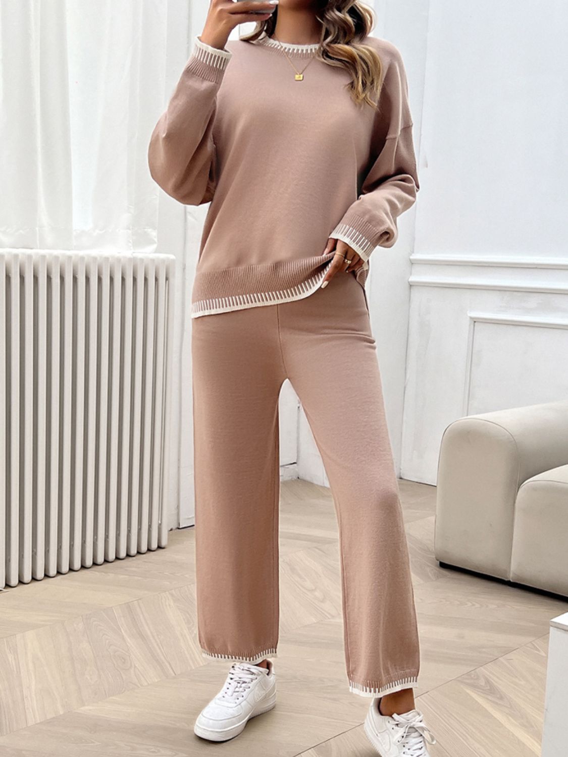 Conjunto de suéter y pantalón con hombros caídos y cuello redondo Devine