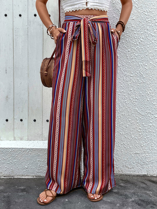 Pantalones anchos con diseño geométrico y lazo Perfee