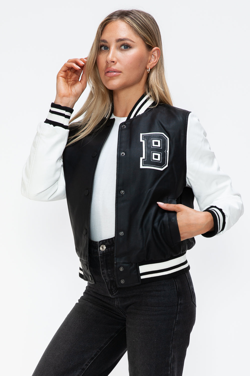 Chaqueta bomber con botones a presión en contraste de cuero sintético Love Me Now