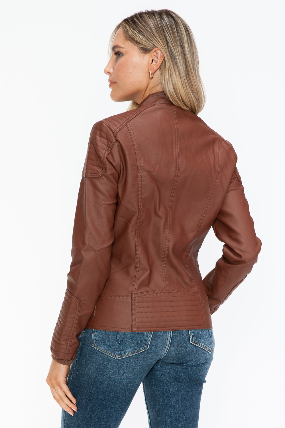 Chaqueta de motociclista de piel sintética estilo snob con bolsillos laterales con cremallera