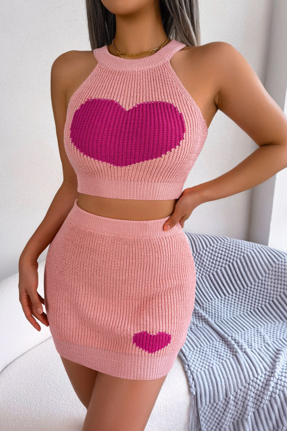 Conjunto de falda y top de punto sin mangas con canalé en contraste de corazón
