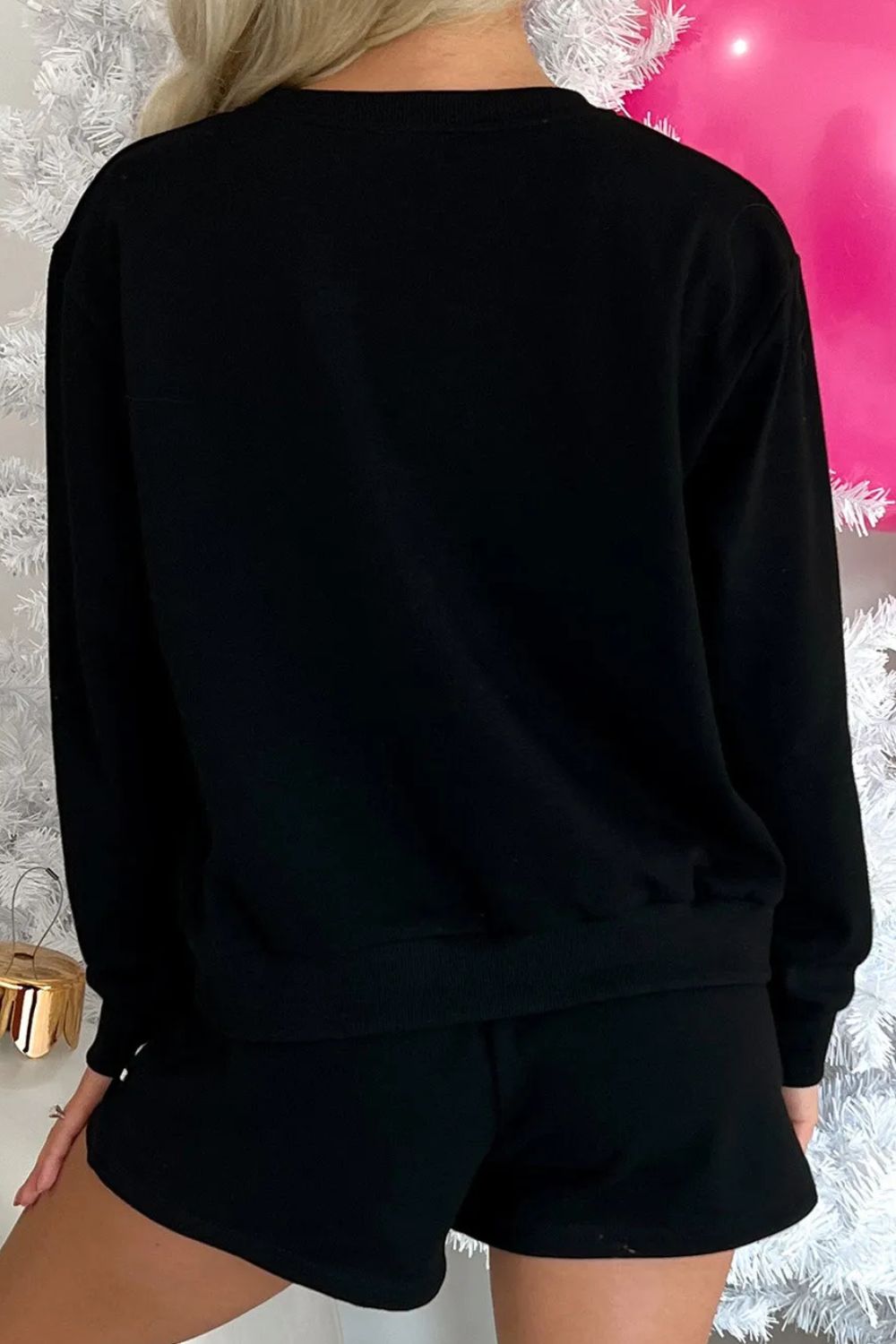 Conjunto de top y pantalones cortos de manga larga con cuello redondo y lentejuelas MERRY