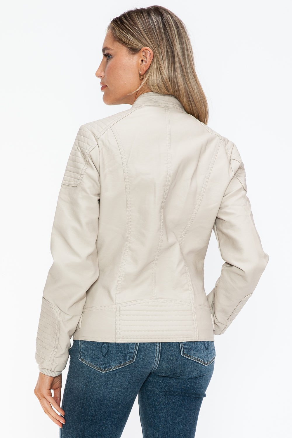 Chaqueta de motociclista de piel sintética estilo snob con bolsillos laterales con cremallera