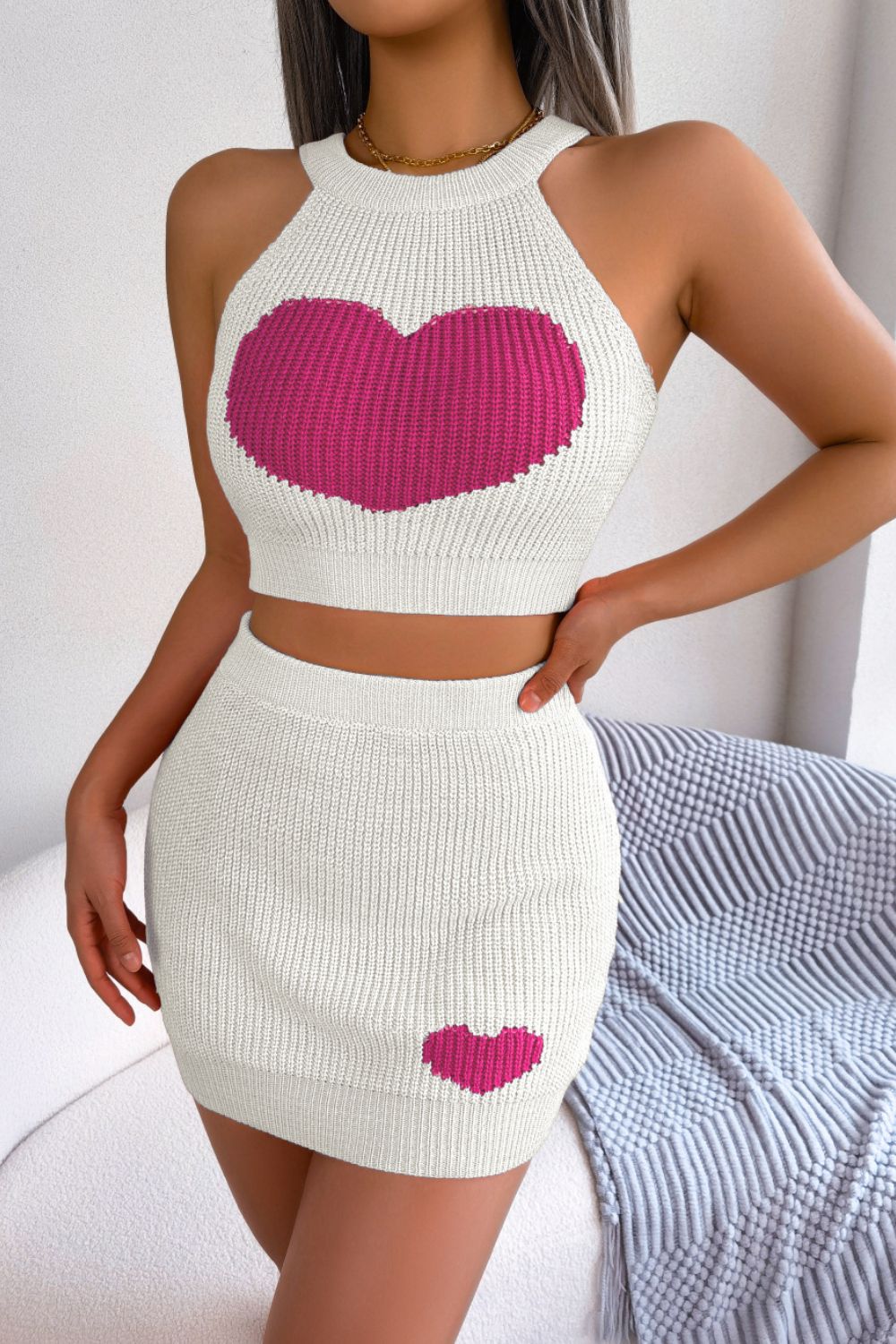 Conjunto de falda y top de punto sin mangas con canalé en contraste de corazón