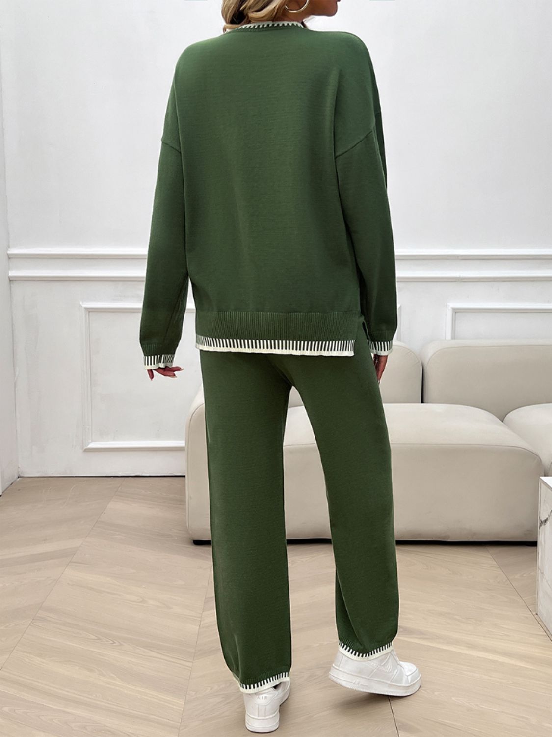 Conjunto de suéter y pantalón con hombros caídos y cuello redondo Devine
