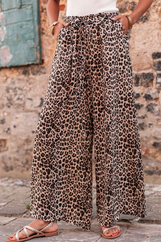Pantalones anchos con cordón y estampado de leopardo