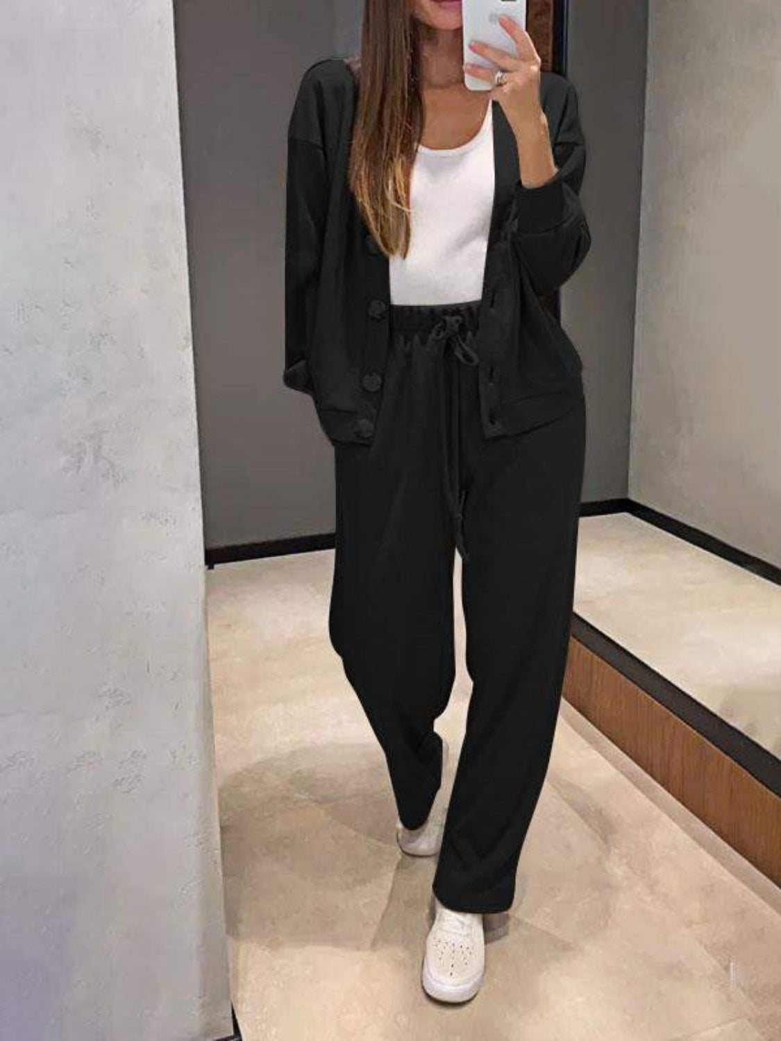 Conjunto de pantalón y blusa de manga larga con botones y talla grande