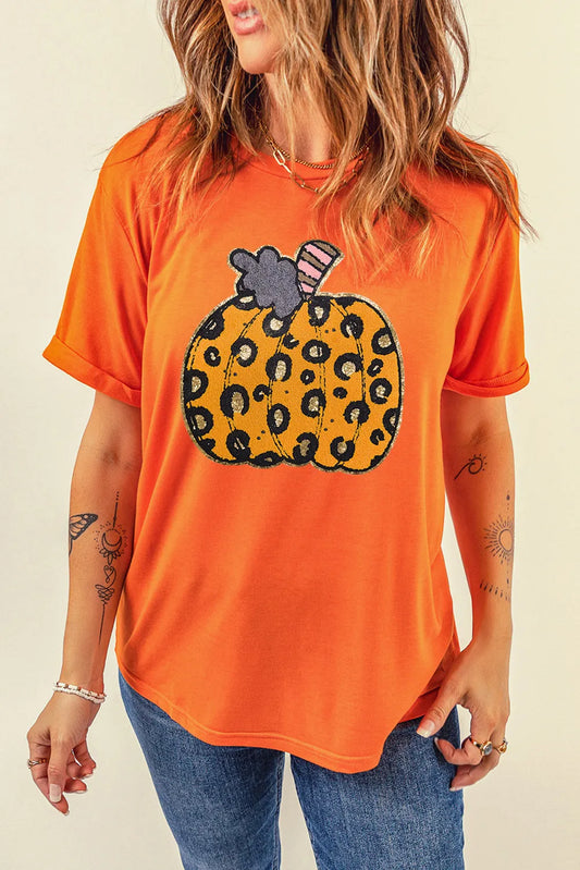 Camiseta de manga corta con cuello redondo y estampado de calabaza