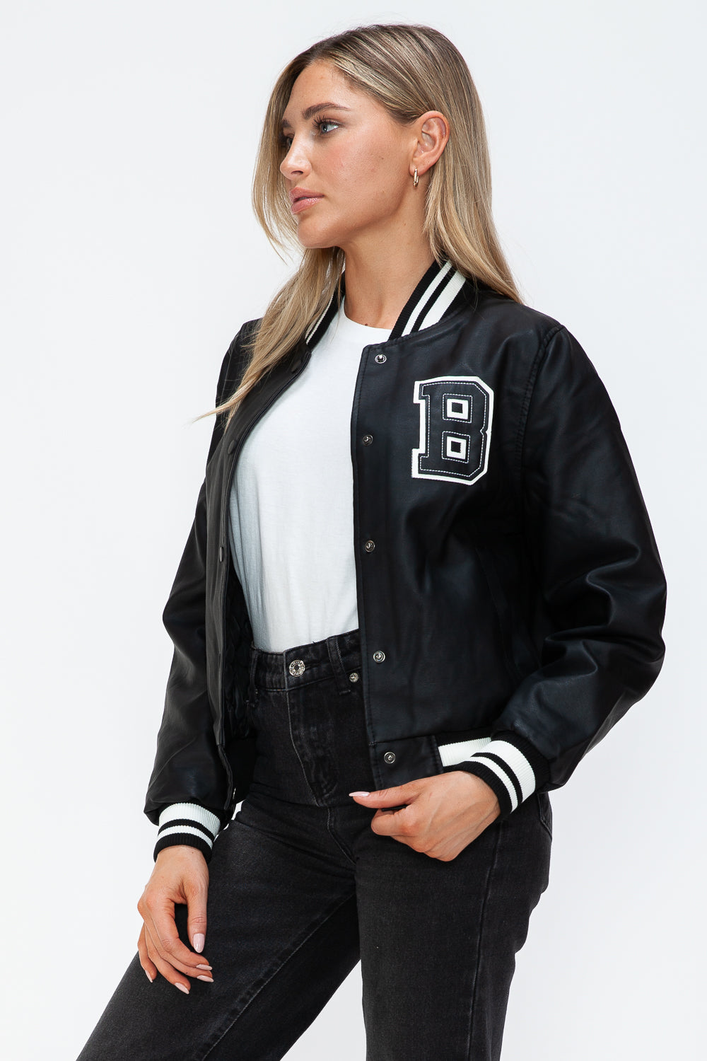 Chaqueta bomber con botones a presión en contraste de cuero sintético Love Me Now