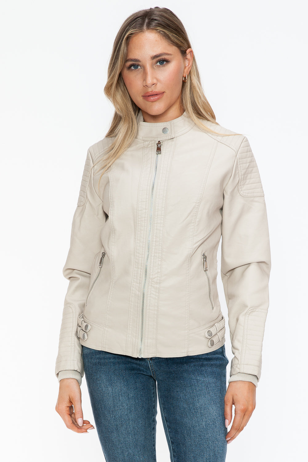Chaqueta de motociclista de piel sintética estilo snob con bolsillos laterales con cremallera