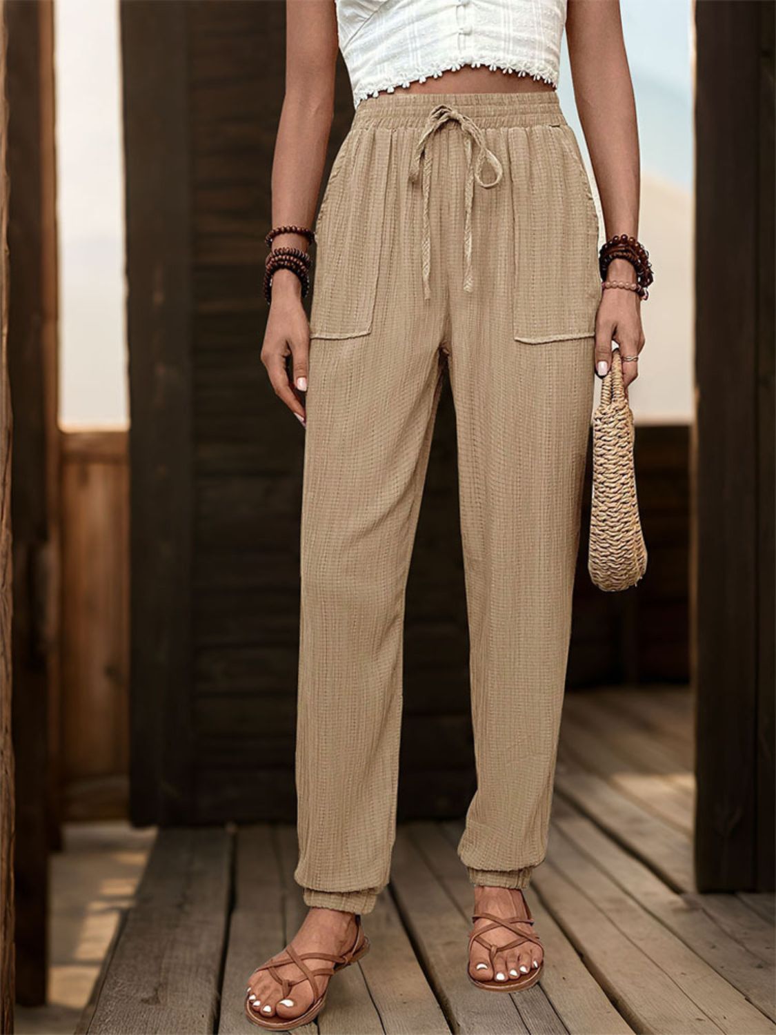 Pantalones deportivos de cintura alta con textura Perfee