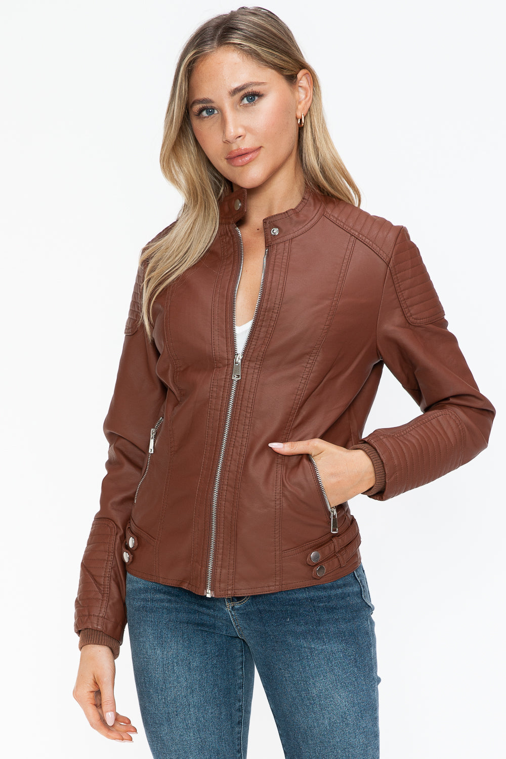 Chaqueta de motociclista de piel sintética estilo snob con bolsillos laterales con cremallera