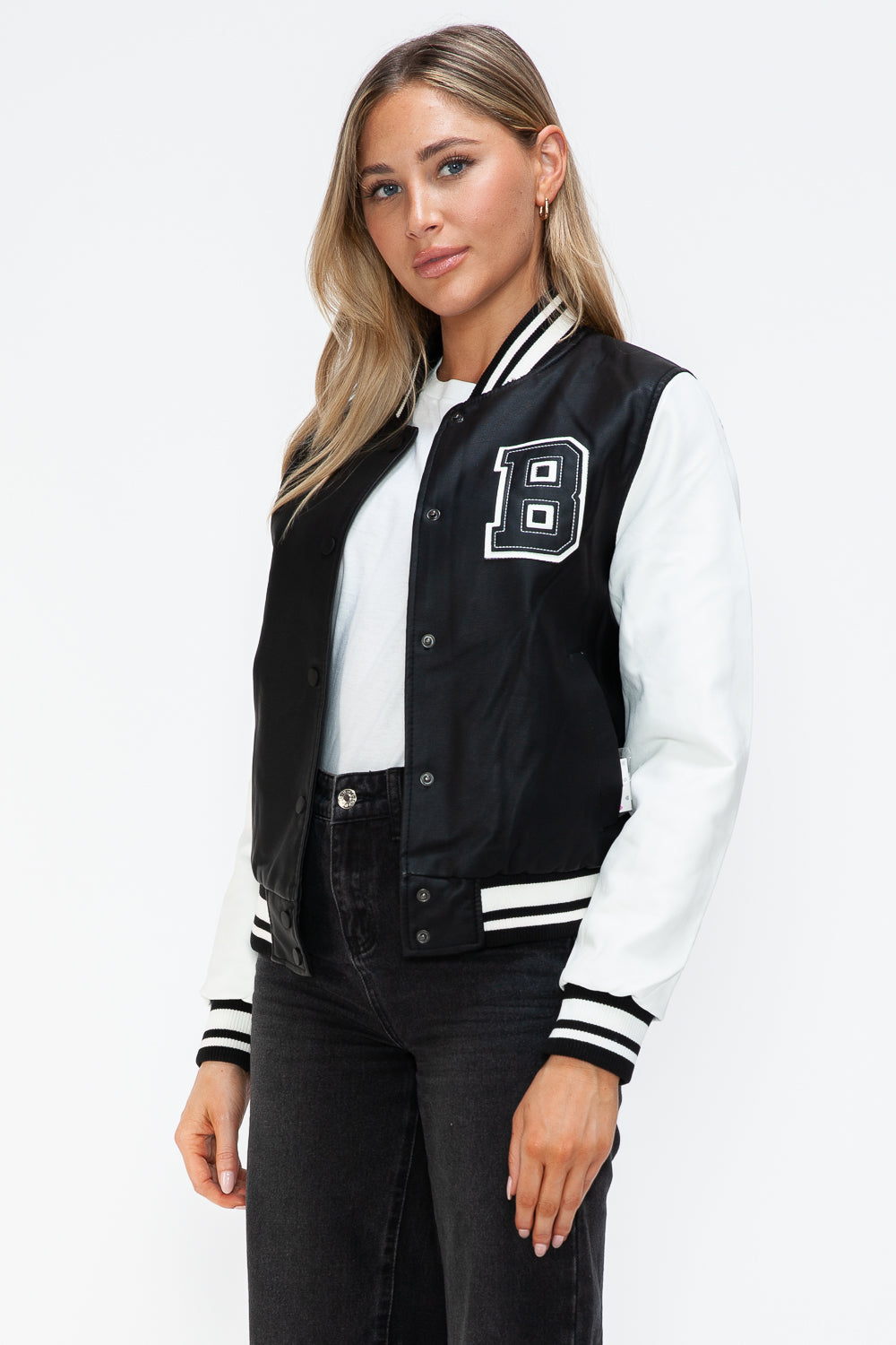 Chaqueta bomber con botones a presión en contraste de cuero sintético Love Me Now