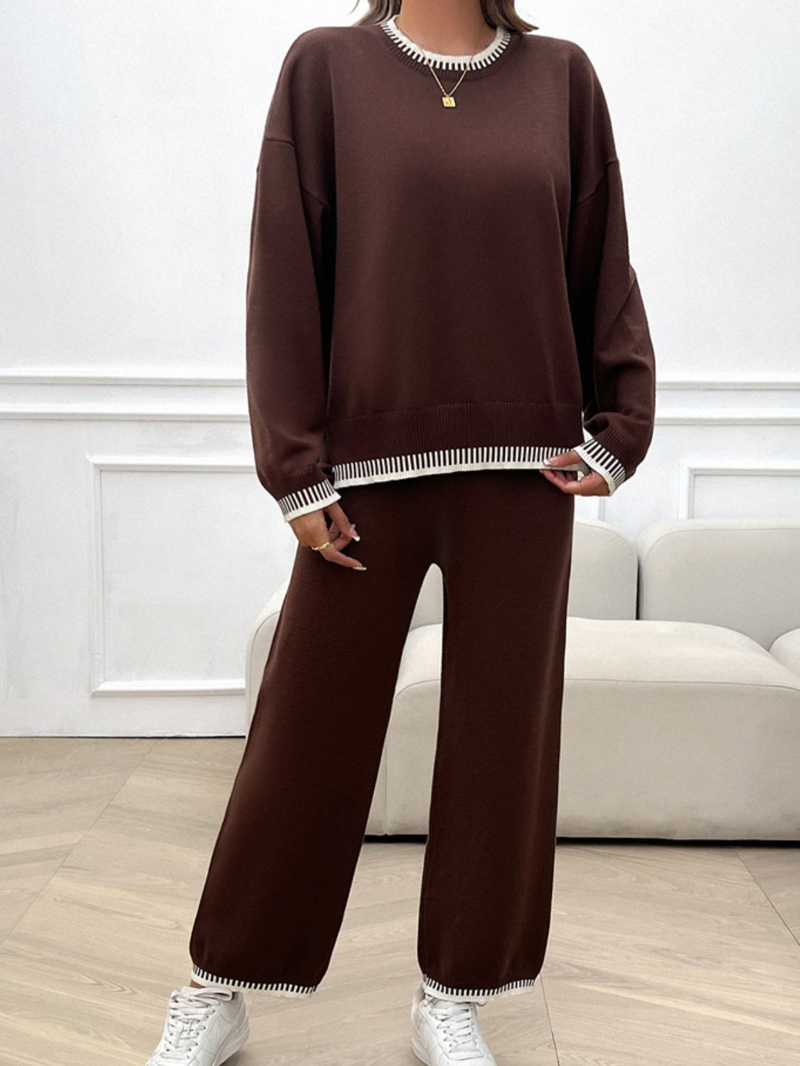 Conjunto de suéter y pantalón con hombros caídos y cuello redondo Devine
