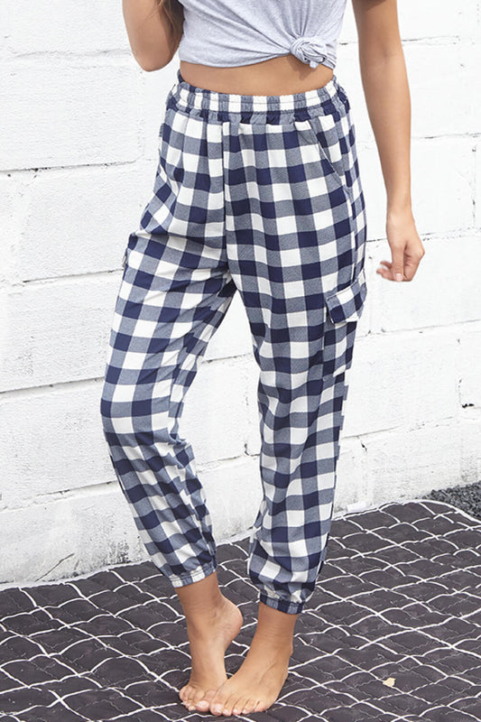 Pantalones cargo elásticos de cintura alta con cuadros escoceses Perfee
